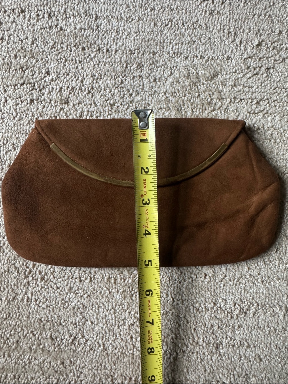 Vintage Brown Suede Envelope Clutch Handbag Gold Tone Accent Bar Metal Clasp